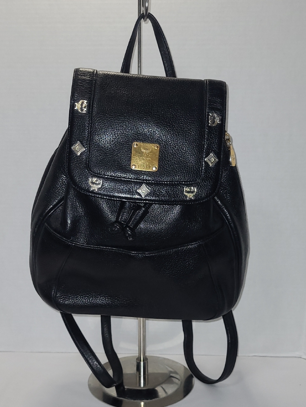 MCM Black Leather Logo-Stud Drawstring Backpack